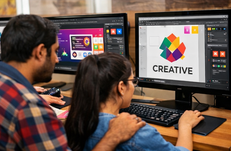 Students learning Adobe Photoshop and Illustrator during graphic design training in Shimla