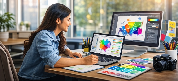 Beginner student practicing graphic designing on laptop with creative tools