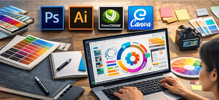 Graphic design tools like Photoshop Illustrator CorelDRAW and Canva used in training