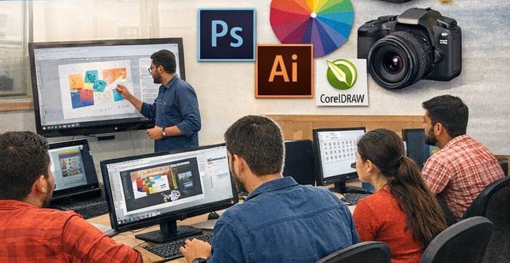 students learning graphic design course online
